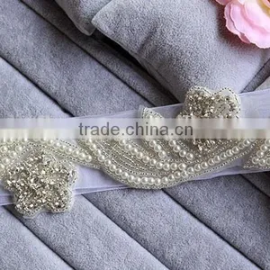 Wholesale Beaded Wedding Accessory Rhinestone Pearl Bridal Sash Jewelry Applique WA003 thumbnail-3