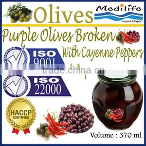 100% Tunisian Olives,Purple Olives Broken With Cayenne Peppers and Capers, Broken Purple Olives. 370 ml Glass Jar thumbnail-1