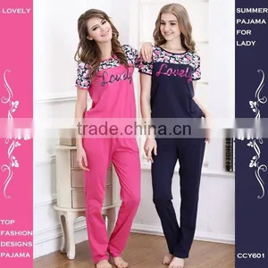 2015 Customized Adult Pyjamas Set Yarn Dyed S/s Legging Top Design Summer Pyjamas for Women thumbnail-1