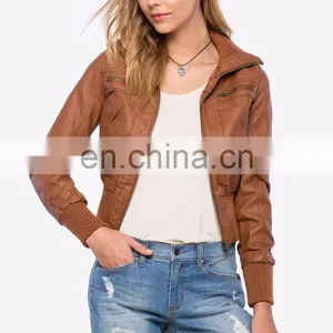 New Fashion Ribbed Knit Trim 100% PU Leather Bomber Jacket for Women thumbnail-4