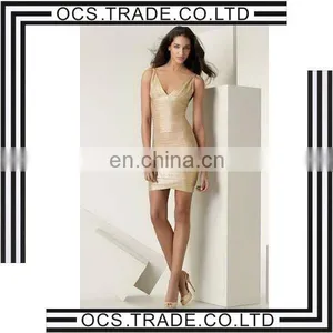 2014 Gold Bandage Dress v Neck Foil Printing Wome Dress thumbnail-1
