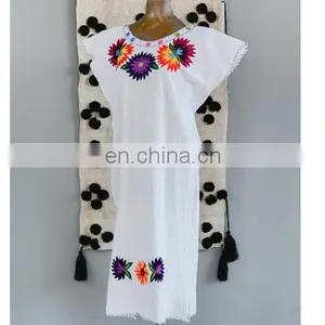 Summer Fashion Mexican Embroidered Women Cotton Long Designer Tunic Tops Hand Embroidery Mexican Dress thumbnail-1