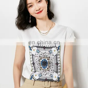 Women Fashion Loose Short Sleeve Summer Print Mulberry Silk Cotton T Shirts thumbnail-1