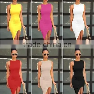 Sexy Women O-Neck Sleeveless Asymmetric Hem Solid Slim Bodycon Split Casual Dress thumbnail-1