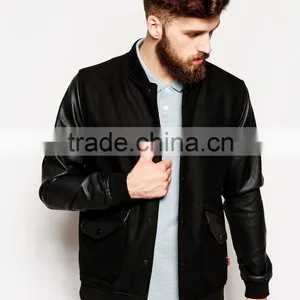 Mens Wool Bomber Jacket With PU Sleeves thumbnail-1