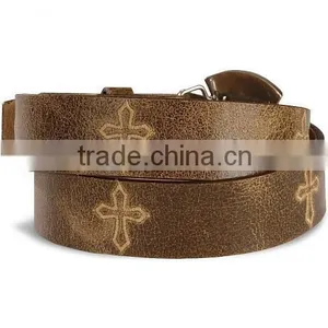 Western Crackled Brown Leather Belt Cross Stitch Distressed Leather Rhinestones Belt thumbnail-2