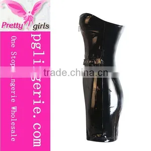 New Arrival Wet Look Strapless Bodycon Dress Faux Leather Black Lingerie Catsuit thumbnail-3