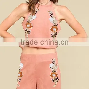 Two Piece Set Women Outfits 2017 With Embroidered Tank Top and Short thumbnail-3