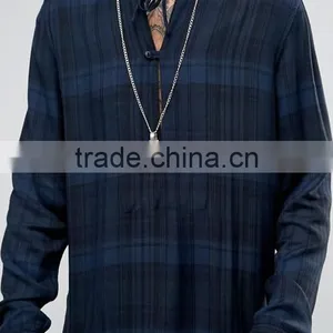 Long Sleeve Collarless Design Mens Pre-Shrunk 100% Viscose Lightweight Check Print Comfort Fit Casual Shirts thumbnail-3