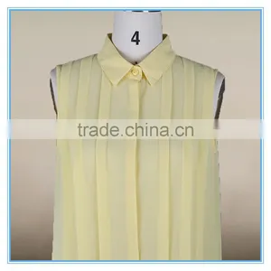 Fashion Ladies Fancy Sleeveless Tops Chiffon Yellow Shirt Pleated Design thumbnail-2