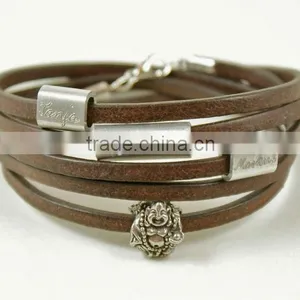 Personalized Engraved Leather Bracelet, Wrapped Leather Bracelet, Name/logo Stamped Multi Strand Bracelet,buddha Charm Bracelet thumbnail-1