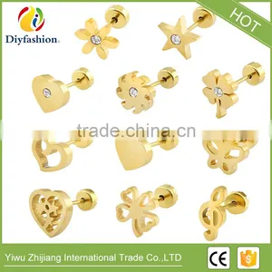 Stainless Steel Gold Geometry Earring Stud Different Shape Flower Star Heart Butterfly and Clover thumbnail-1