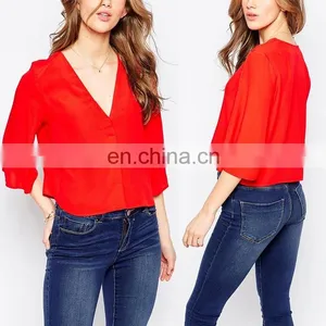 Cropped Cut Womens Clothing 2016 Long Sleeve Deep v Neck Red Blouses for Women thumbnail-1