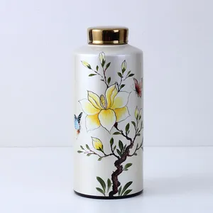 Chinese New Style Entery Luxury Yellow Butterfly And Flower Painting Ceramic Vases With Lid For Home Decoration thumbnail-2