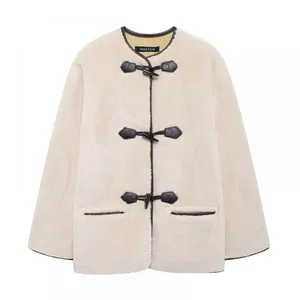 Belted Fur-effect Coat With Pocket Design for Fall and Winter, Featuring a Loose and Warm Fit. The Coat is Decorated With Knotted Embellishments. thumbnail-1