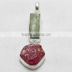 Delicate Rough Prehnite & Ruby 925 Sterling Silver Pendant, Wholesale Silver Jewellery, Silver Jewellery thumbnail-2