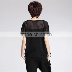 Fashion Womens Mesh Loose Blouse Tops Delicate Print Short Sleeve Summer Tee Shirts Tshirts thumbnail-3
