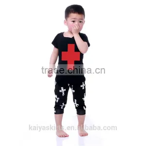 2016 Summer Kaiya Solid Cotton Printed Short T-shirt and Pant Kids Boys Clothes Sets thumbnail-5