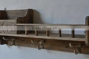 2016 New Style Vintage Wooden Shelf With Carved Drawer and Metal Hooks thumbnail-2