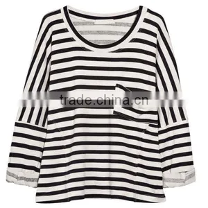 Shenzhen Winner Clothing Fashion Knitting3/4 Sleeve Black White Stipe T-shirt Manufacturer thumbnail-2
