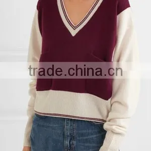 V-Neck Burgandy and Ivory Color Combination Women's Cashmere Sweater in Raglan Sleeves Design thumbnail-2