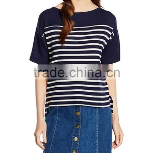 2017 Guangzhou Wholesaler 180g 95% Cotton 5% Polyester Summer Stripe Short Sleeve Waffle T Shirt Woman thumbnail-2