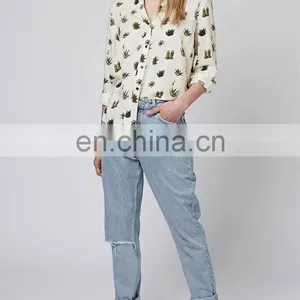 Latest Fashion Blouse Design Long Sleeve Printed Cactus Women Model Simple Design Blouse thumbnail-4