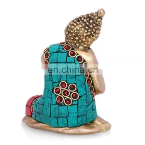 Buddha Statue Resting Buddhism Figurine Tibet Sleeping Feng Shui Brass Turquoise Tibet Tibetan Resting Buddhism Home Decor Art thumbnail-3