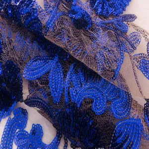 Cheap Wholesale Glitter Blue Fringe Flower Sequin Lace Fabric thumbnail-3