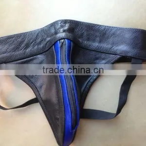 Leather Blue Striped Zip Fronted Leather Jock Strap Underwear thumbnail-1