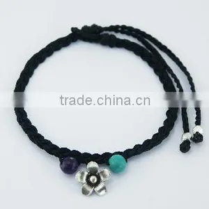 Macrame Bracelet Amethyst Turquoise Spheres Silver Flower thumbnail-1