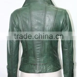 Ladies Short Green 4110 Fitted Waist Length Soft Napa Lambskin Leather Jacket thumbnail-2