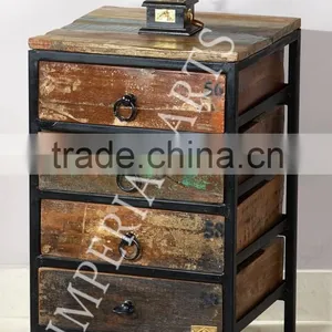 INDIAN IRON BASE RECYCLE WOOD DRAWER CHEST thumbnail-1