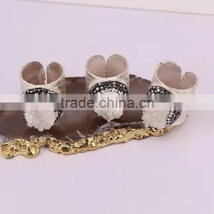 Natural White Quartz Stone Druzy Rings, Metal Copper Silver Plated Wide Band Crystal Zircon Paved Gem Stone Ring thumbnail-2