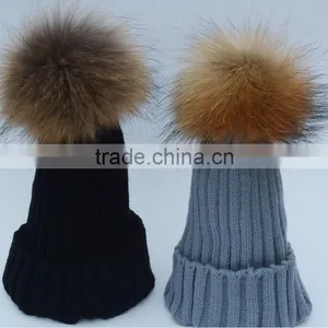 Children Hat Kids Hat Children Winter Raccoon Fur Hats 100% Real 15cm Fur Pompom Beanies Cap Natural Fur Hat For Kids Children thumbnail-3
