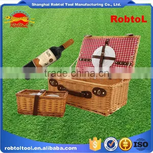 Woven Wicker Willow Picnic Basket Outdoor Hamper Lidded Set Cutlery Dinnerware BBQ Camping Vineyard thumbnail-2