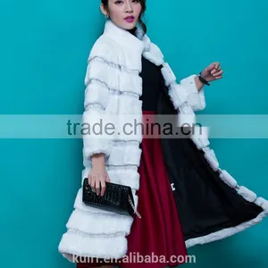 New Designer 80cm Vintage Natural Rex Rabbit Chinchilla Fur Winter Long Coat Jacket With Fur Collar For Women thumbnail-2