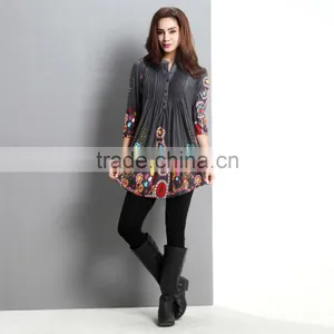 2016 New Women Tops With Charcoal Garden Notch Neck Pin Tuck Tunic Women Blouse Women Clothing GD90426-4 thumbnail-1