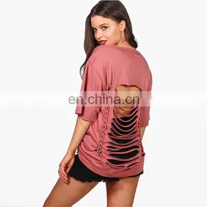 High Quality 100% Cotton Half Sleeve Women Distressed t Shirt thumbnail-4