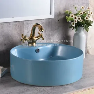 Sanitary Ware Bathroom Round Blue Ceramic Art Wash Basin thumbnail-1