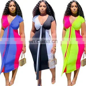 Summer Women Elegant Two Color Patchwork Tie Up V-neck Bodycon Midi Pencil Dress Night Club Sexy Party Dresses Vestidos 3 Colors thumbnail-2