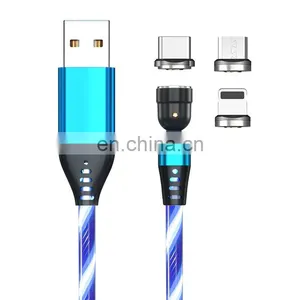 3 in 1 Usb Charging Cable 540 Degree Rotation Led Luminous Flowing Magnetic Charging USB Data Cable for Iphone thumbnail-1