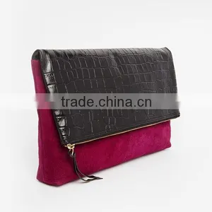 Fashion Foldover Marsala Burgundy Suede Clutch Bag With Crocodile Pattern Flap thumbnail-2