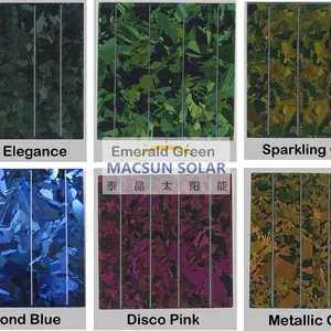 Product Name： Corful Solar Cells PHYSICAL CHARACTERISTICS： Color：Stone Elegance | Emerald Green | Disco Pink | Sparkling Gold | Metallic Gold | Diamond Blue Dimension： 156.75 mm x 156.75 mm +/- 0.25 mm Thickness (si)： 200 um +/- 20um Front： Silic thumbnail-2