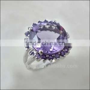 925 Sterling Silver Natural Geniune Gemstone Amethyst Rhodium Plated CZ Ring thumbnail-1