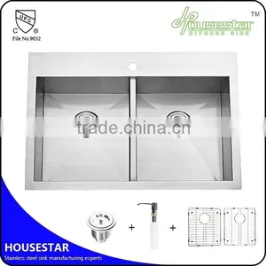 R3318 CUPC Approved Undermount Double Bowl Handmade Stainless Steel Kitchen Wash Sink With Brush Finish thumbnail-6