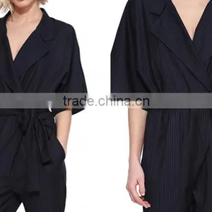 Women V Neck Belted Short Sleeve Stripe Regular Fit Jumpsuit thumbnail-6