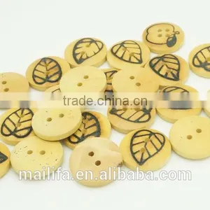 2 Holes High Quality Natural Wood Button With Leaf Figure Printed On thumbnail-1