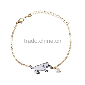 Enamel Cat Catching the Ball Bracelet Metal Cat Pearl Bead Charm Gold Chain Bracelet thumbnail-1