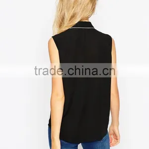 China Factory OEM ODM 2015 New Fashion Customized Sleeveless Blouse With Contrast Piping thumbnail-2